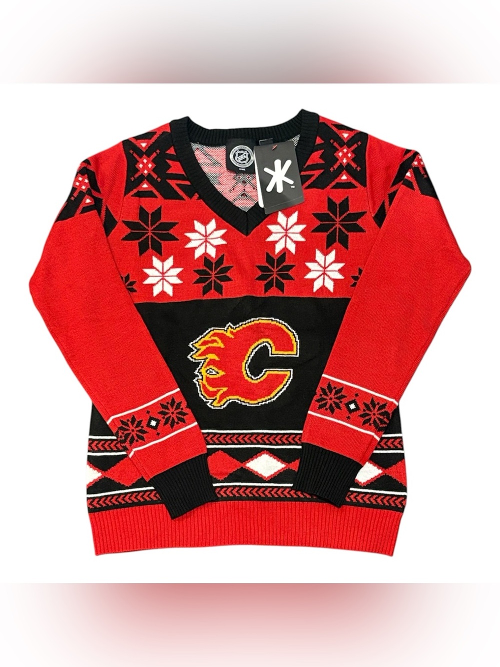 NHL Calgary Flames Ugly Christmas Sweater Red Black V-Neck Holiday Sweater